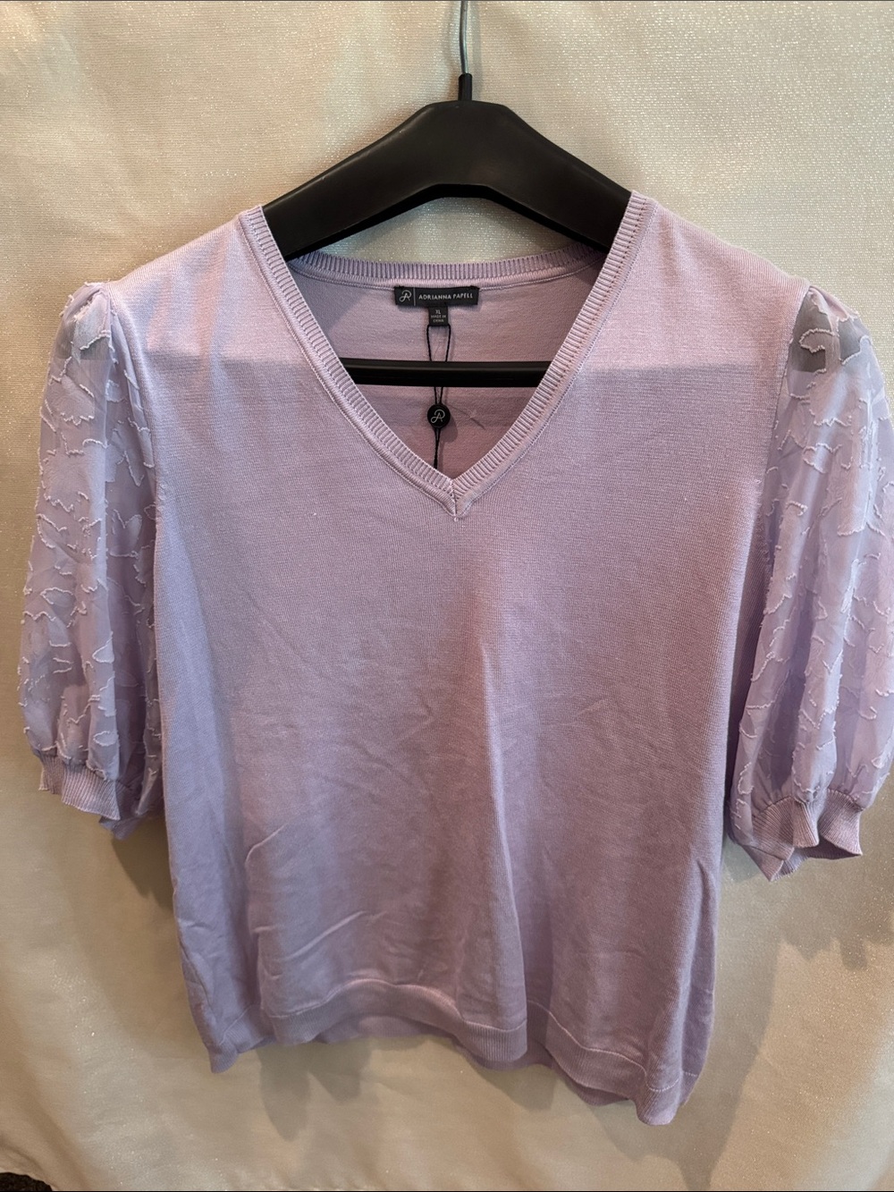 NWT Adrianna Papell Lavender V-Neck Knit Top with Sheer Floral Puff Sleeves